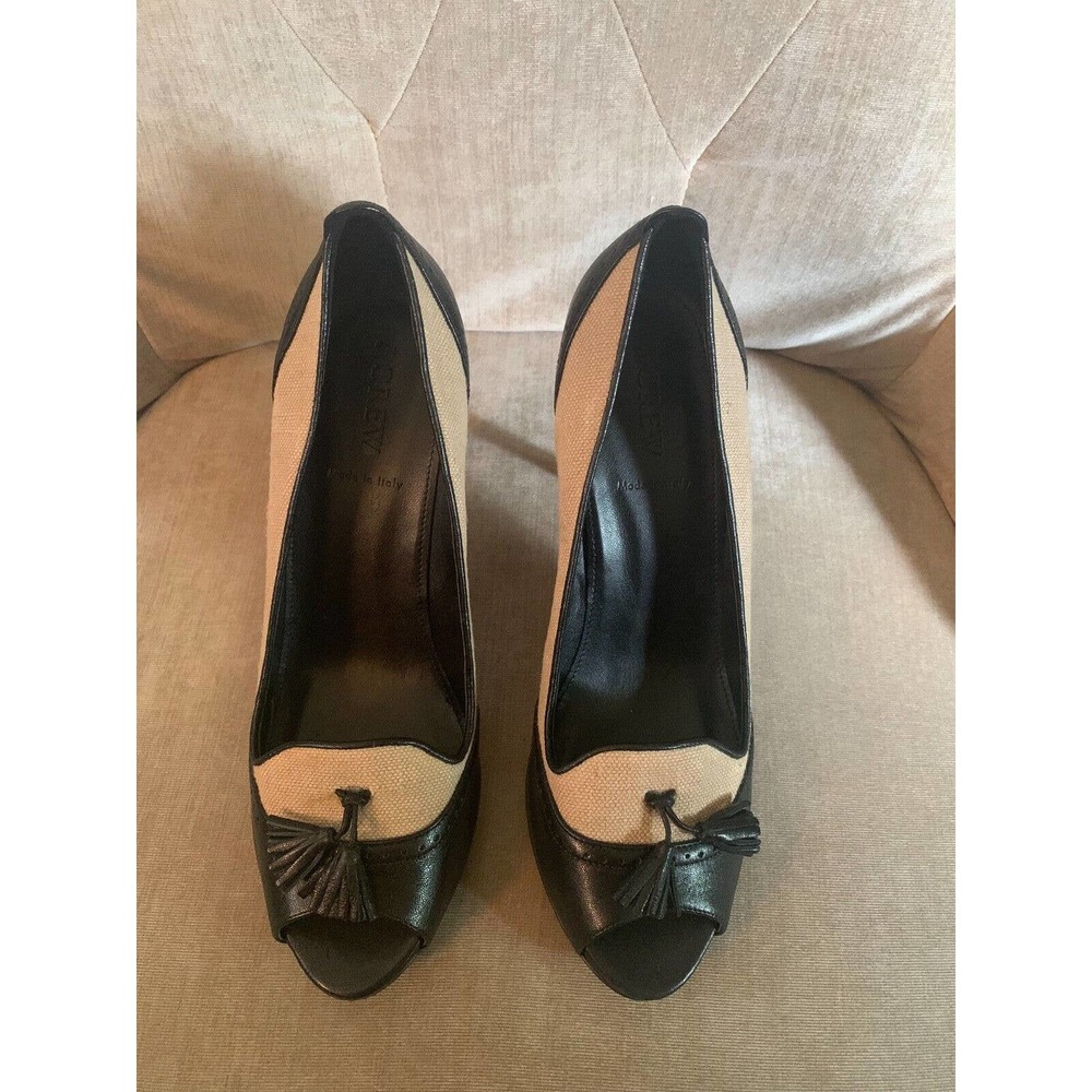 JCREW BLACK & TAN OPEN TOE SPECTATOR PUMP WITH TASSELS; SIZE 9.5